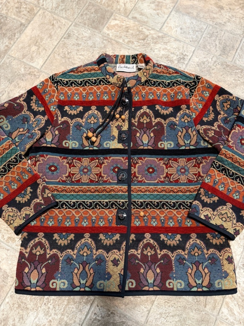 Flashback Vintage Multicolor Patterned Tapestry Artsy Buttonfront Jacket-Size M